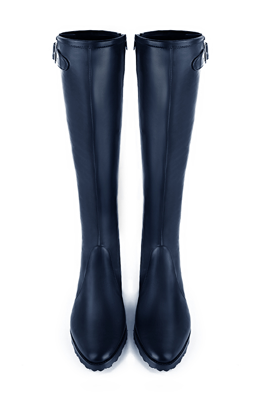 Navy blue women's knee-high boots with buckles. Round toe. Flat rubber soles. Made to measure. Top view - Florence KOOIJMAN